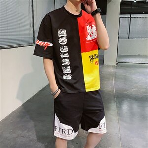 夏季青少年韩版休闲百搭T恤宽松运动套装男F155P55图片