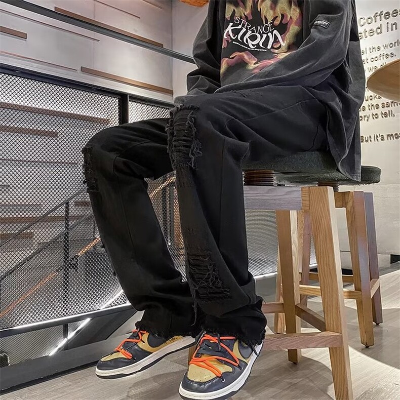 欧美高街vibe裤子潮牌穿搭牛仔裤男修身破洞微喇叭裤SE21P45,男装牛仔裤,星座1116-2