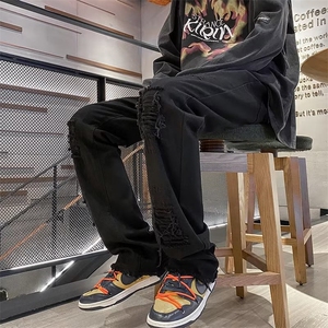 欧美高街vibe裤子潮牌穿搭牛仔裤男修身破洞微喇叭裤SE21P45图片
