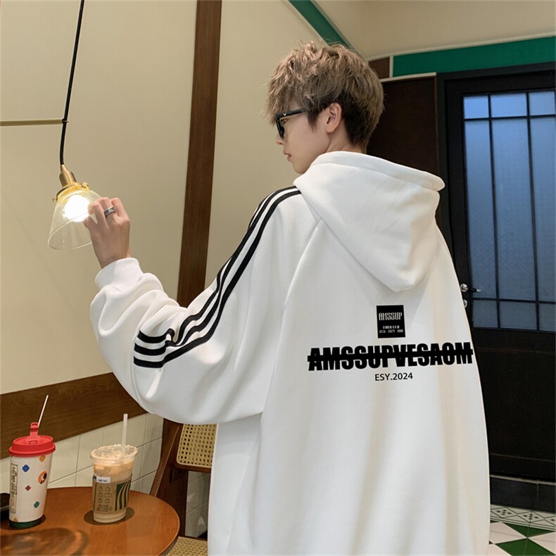 美式三杠条纹复连帽卫衣秋冬男女宽松长袖SWY2457 -P55控88 50棉图片