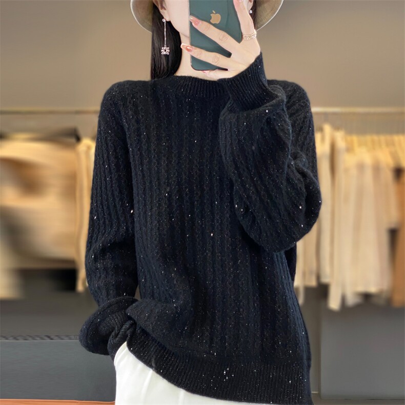 针织衫女圆领羊毛秋冬宽松短款毛衣长袖内搭打底衫,女装羊毛衫,忠诺羊绒
