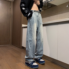 解构牛仔裤男美式铆钉拼接裤子潮牌直筒微喇裤1001-1-G3053-P45，男装牛仔裤，星座1001-1