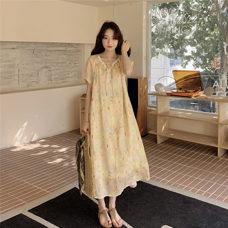 法式V领泡泡袖连衣裙女2025夏季新款甜美减龄温柔风黄色碎花长裙,女装连衣裙,2C229