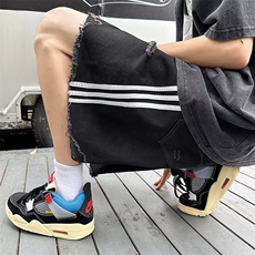 毛边破洞牛仔短裤男设计感小众三条杠做旧牛仔裤H219P40，男装牛仔裤，星座1116-2
