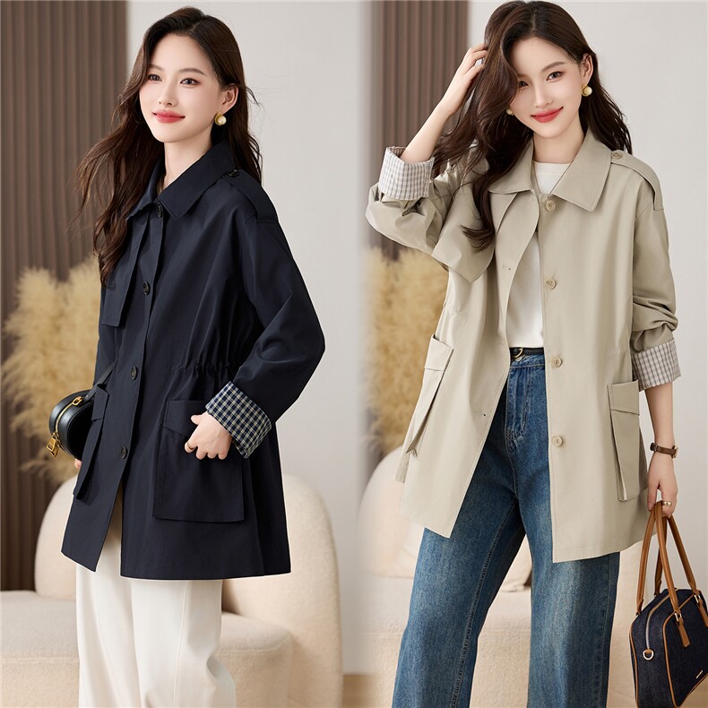 松弛感洋气减龄撞色袖子春秋宽松收腰显瘦简约纯色气质风衣外套，女装风衣，姿衣坊