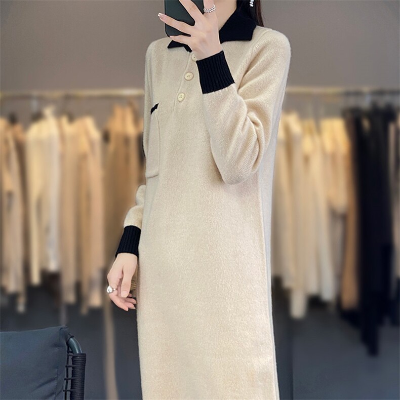 女士羊毛衫女秋冬季保暖针织POLO领羊毛裙,女装连衣裙,暖思雅