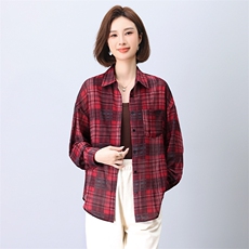 格子衬衫新款长袖上衣轻薄透气夏季防晒搭背心两件套，女装衬衫，莜菲儿