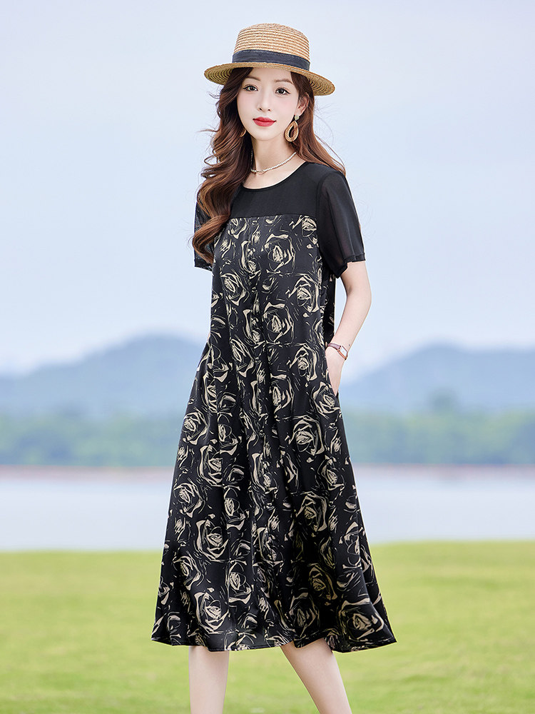 复古印花拼接连衣裙女2025夏新款时尚显瘦宽松休闲慵懒风T恤裙子,女装连衣裙,靓衣阁