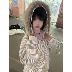 自家爆图毛领连帽卫衣外套韩系宽松设计感条纹上衣外套FNN01-P65，女装短外套，星座1001-1