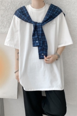 8XL-M潮情侣美式拼接打结格子假两件短袖宽松纯棉T恤男DX338，男装T恤，电商D206-1