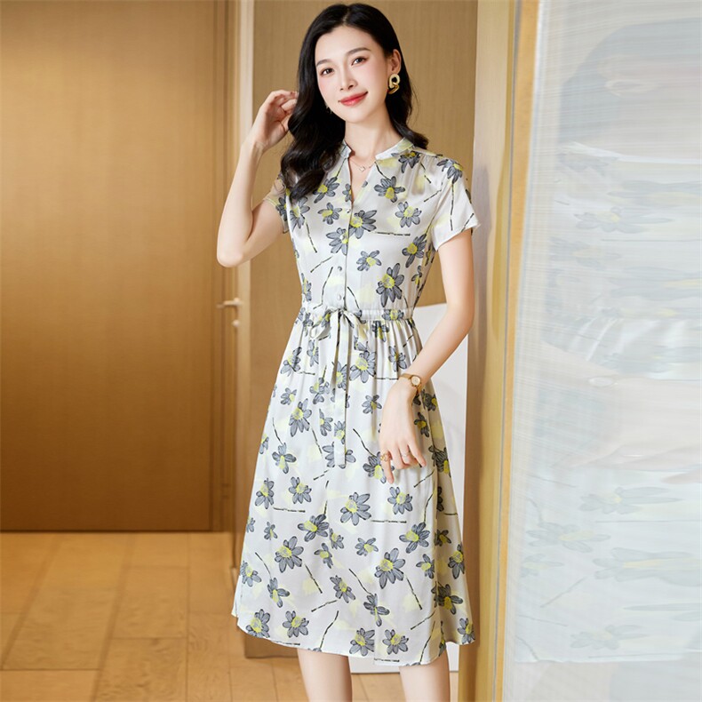 轻熟风印花真丝连衣裙女夏季2024新款大码遮肚子显瘦桑蚕丝裙子夏,女装连衣裙,阿舍尔精品