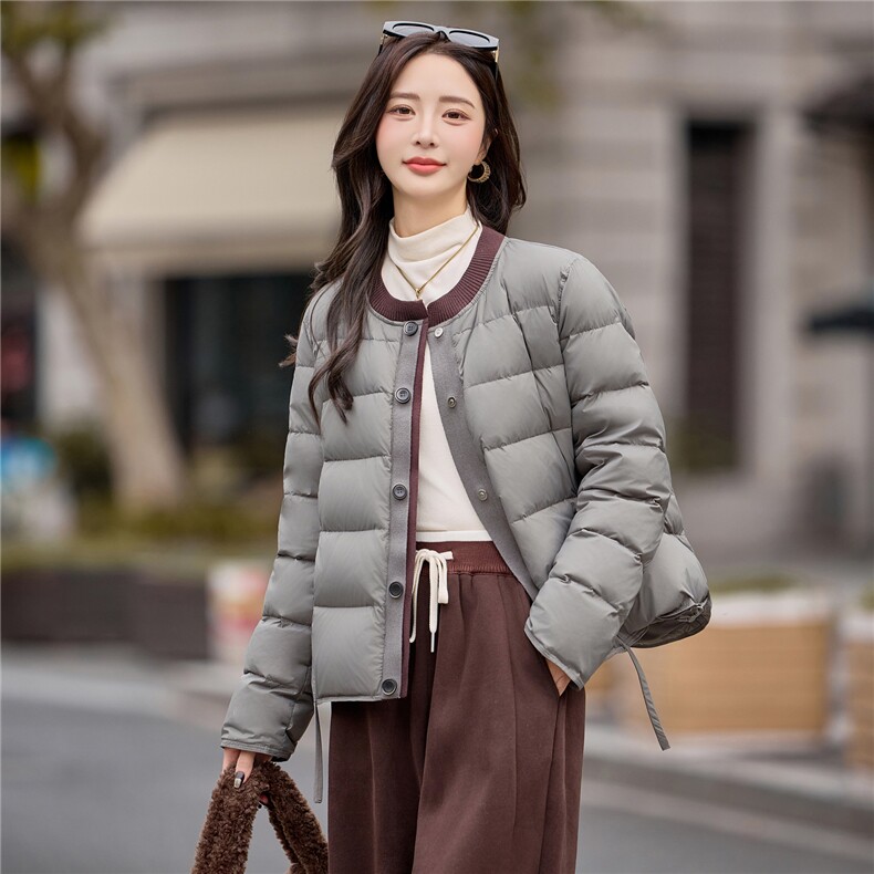 2025冬季新款宽松撞色针织拼接圆领洋气短款羽绒服,女装羽绒服,深水步