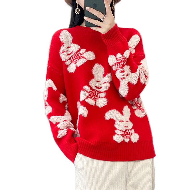 男女同款圆领羊毛针织衫女宽松本命年红色毛衣套头龙年毛巾绣打底,女装羊毛衫,斯尔特羊绒