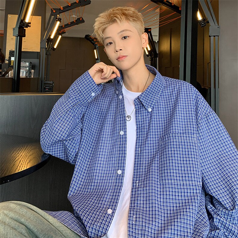 特批P35无差价秋新复古翻领格子衬衫男士青少年大码衬衣外套C2555，男装衬衫，电商A001-1