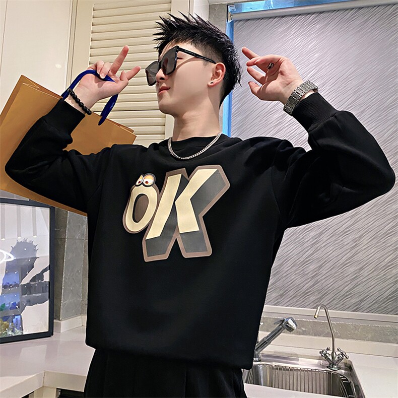 AW39/P58控78秋季社会小伙立体字母印花修身套头长袖卫衣男黑首2，男装卫衣，星座305B-1