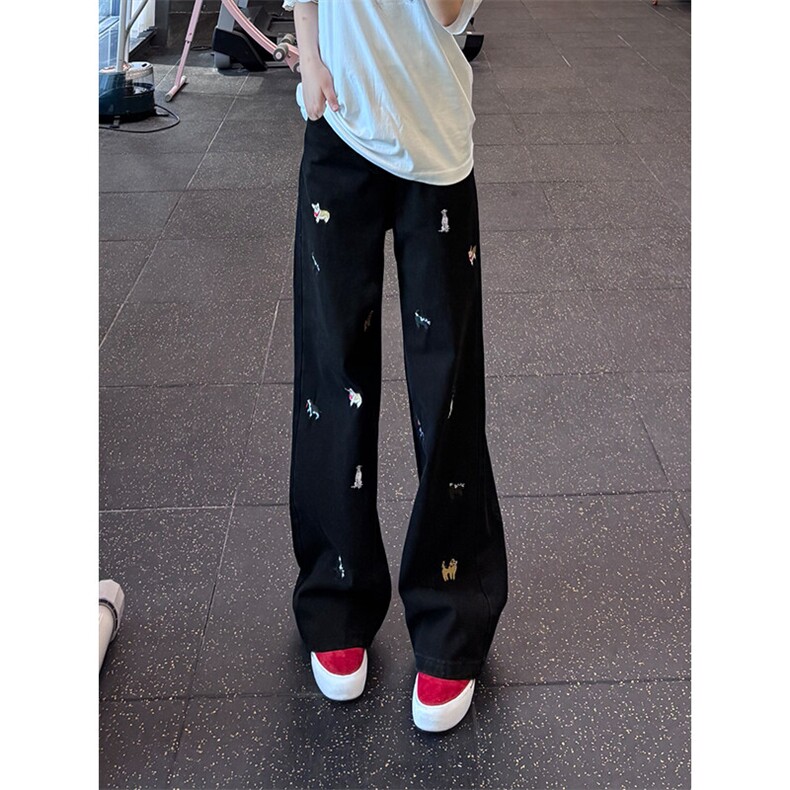 黑色线条小狗刺绣弯刀牛仔裤男款美式高街vibe裤子直筒显瘦微喇裤图片