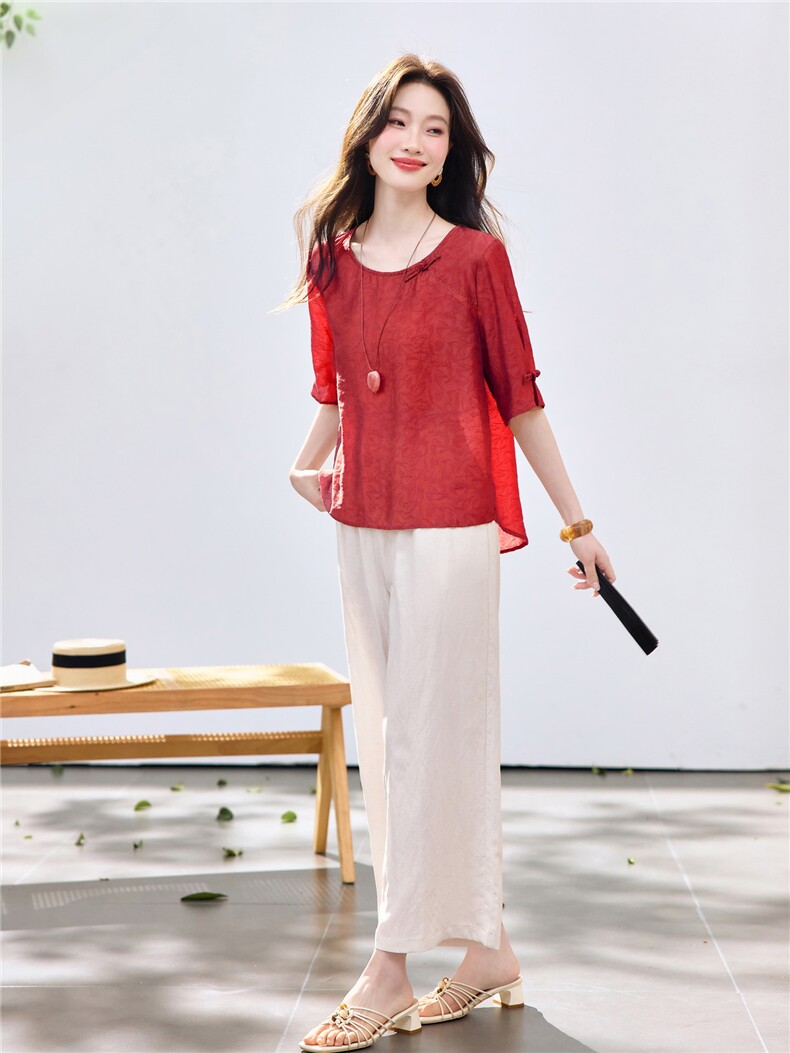 长期现货2026夏季新款提花上衣女中年妈妈冰天丝阔腿裤休闲两件套,女装套装/套裙,璐依舞