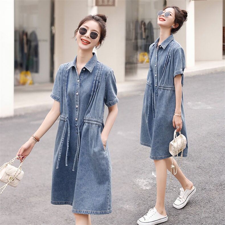 牛仔连衣裙女2024夏季新款韩版高级感宽松显瘦衬衫裙休闲减龄裙子，女装连衣裙，秋水欣儿