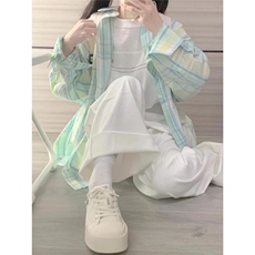 曼波风薄荷绿格子衬衫外套女春秋薄款小个子宽松chic防晒衬衣开衫，男装防晒衣，星座1210-1