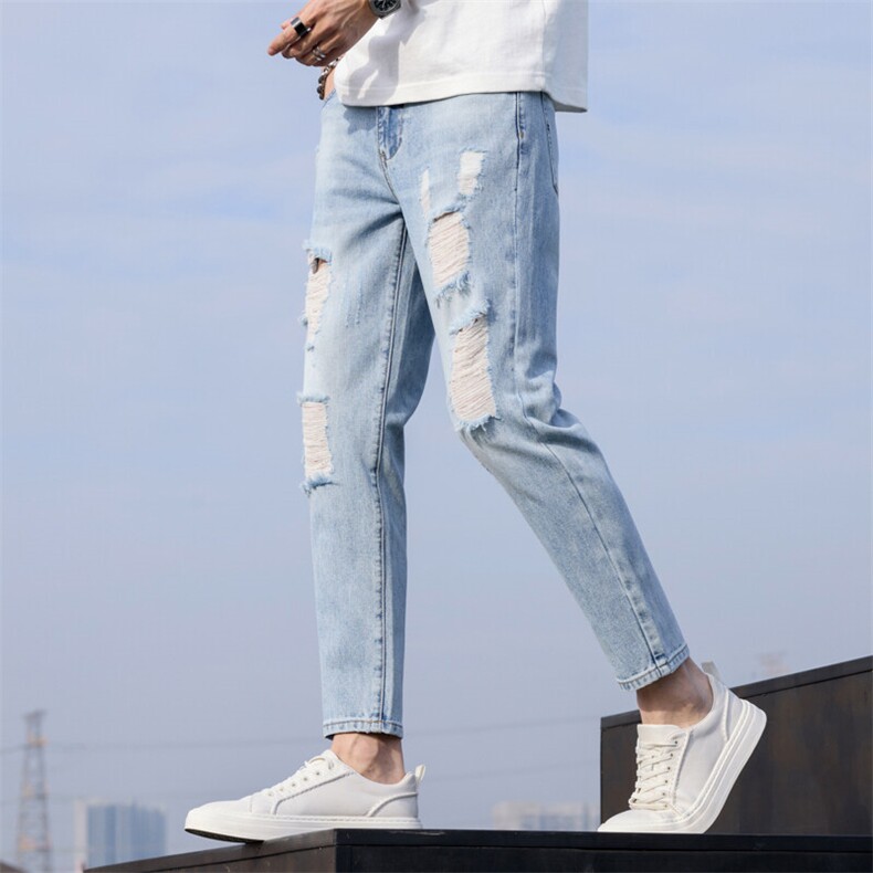 2025春季新款男士破洞牛仔裤蓝灰色修身小脚九分裤T819-P45,男装牛仔裤,星座1006-1