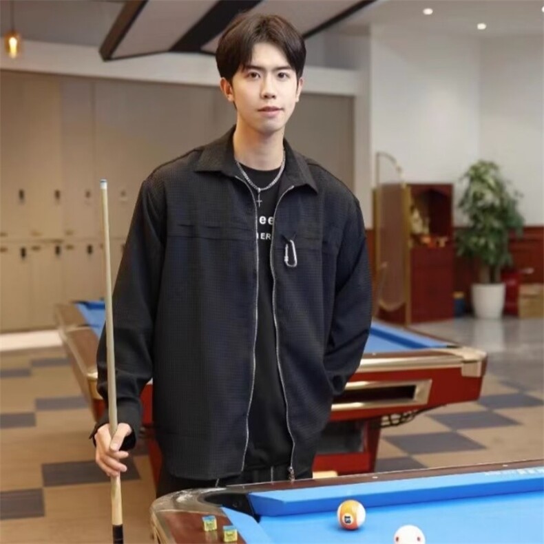 C246-P38华夫格长袖衬衫男夏季潮牌小众设计感痞帅宽松休闲,男装衬衫,电商B323A