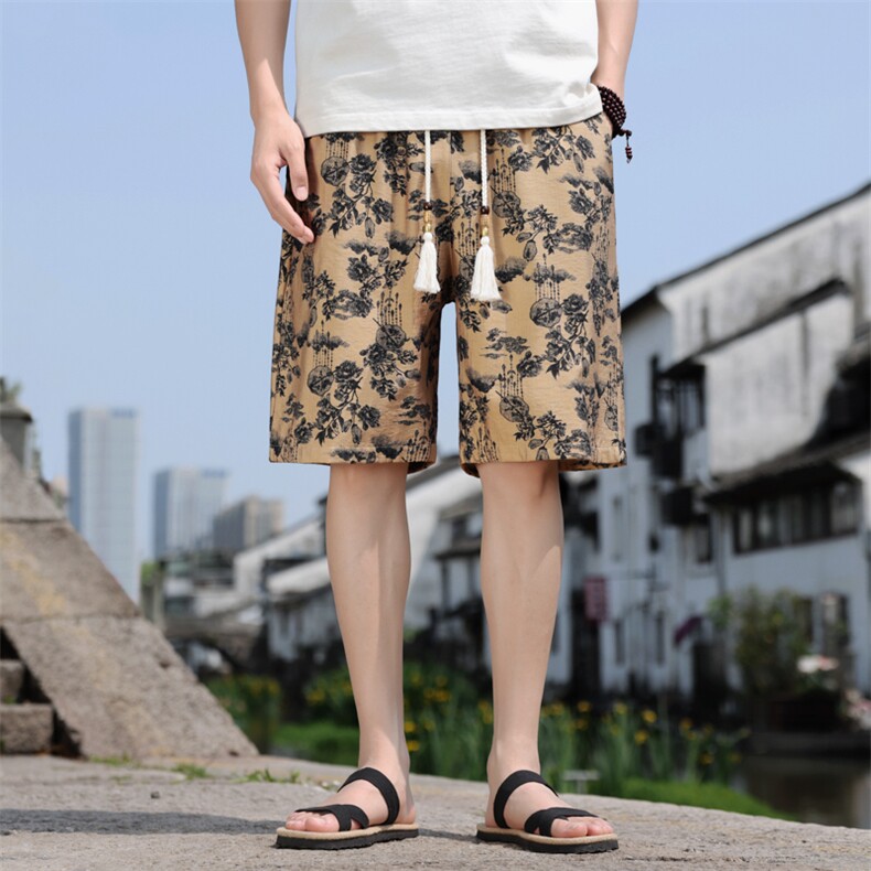 夏季亚麻棉麻印花风五分裤男宽松短裤个性A266-1-KZ773-P40，男装牛仔裤，电商A266-1