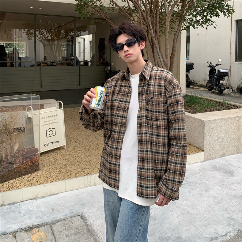 复古磨毛格子长袖衬衫男宽松美式格纹痞帅休闲衬衣外套潮流,男装衬衫,星座410-7