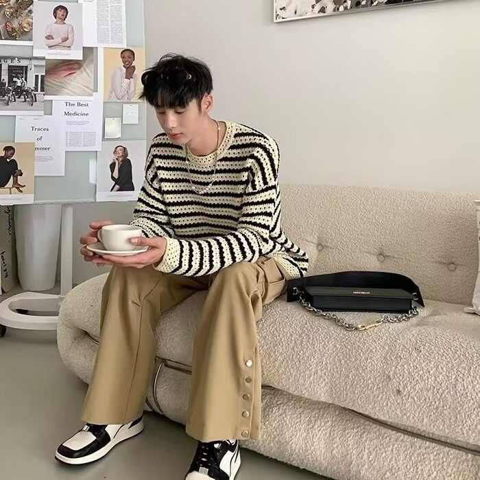 594-P33黑白条纹镂空针织衫男女日系慵懒风高级感长袖打底衫,男装T恤,电商B323A