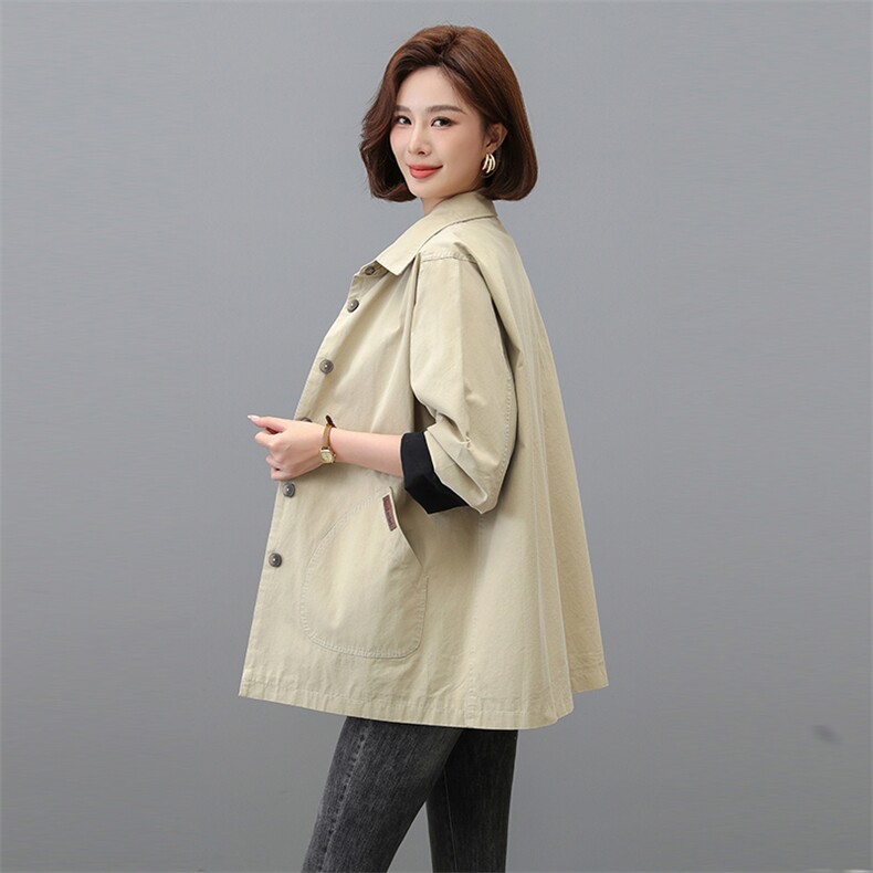 2024秋新款风衣简约休闲外套撞色拼接宽松型纯色单排扣846款，女装风衣，秋牧寒烟