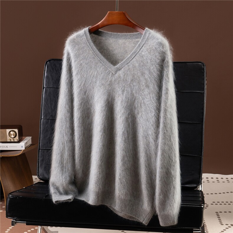 高端暖男~拉绒纯山羊绒衫休闲厚毛衣2025秋冬V领保暖男士针织上衣，男装羊绒套衫，诚赞羊绒