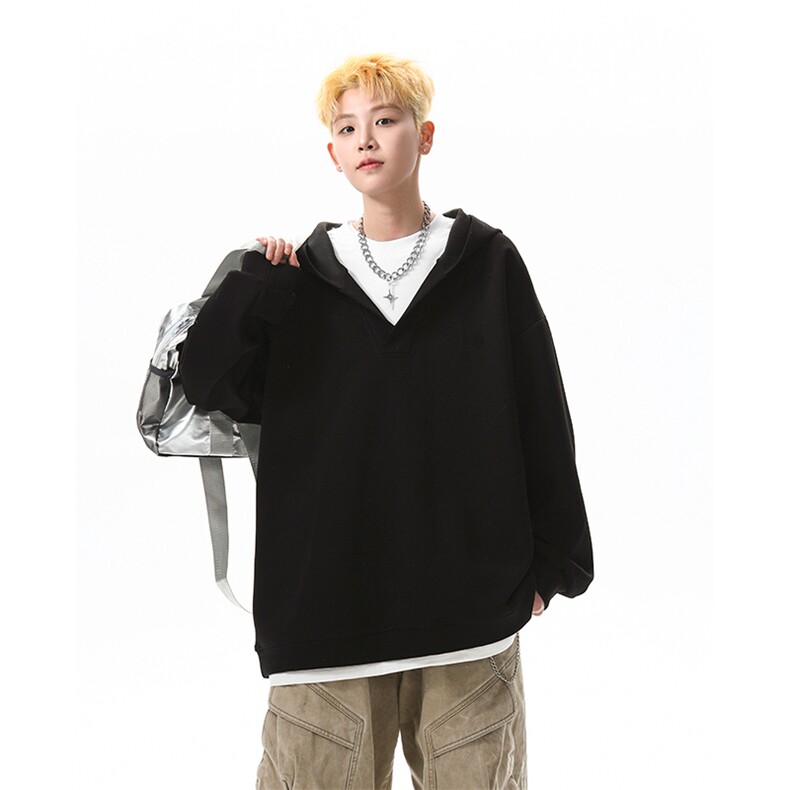 8XL-M叠穿假两件卫衣重磅连帽V领拼接套头衫宽松大码外套WY006P65,女装短外套,电商B312