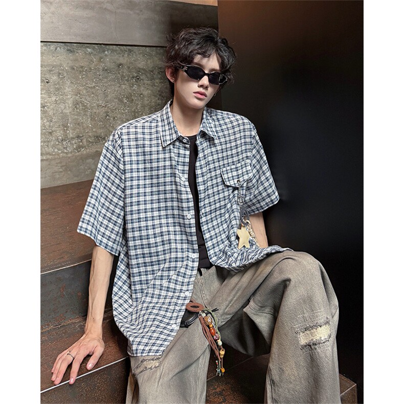 CS1151-特批40控78 夏季新款男女格子短袖大码男衬衫（带配件）图片