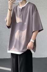 8XL-M重磅斜纹假两件短袖t恤男夏季薄款宽松大码半袖体恤DT006P45，男装T恤，电商B312