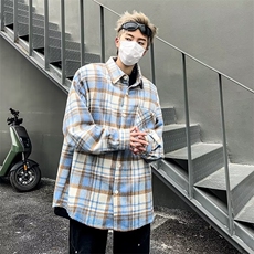 格子衬衫浅色长袖男春秋新款美式复古潮牌潮流痞帅高级感毛呢外套，男装衬衫，星座601-2