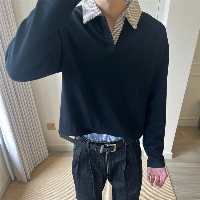 千鸟格拼接polo领卫衣老钱长袖t恤WY93-P45,男装T恤,星座208-5