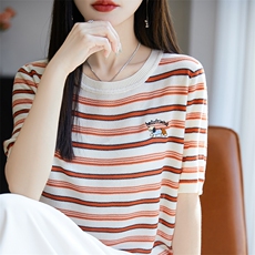 100%莱赛尔天丝针织短袖女圆领条纹刺绣小狗宽松T恤拼色显瘦上衣，女装T恤，郡淞羊绒
