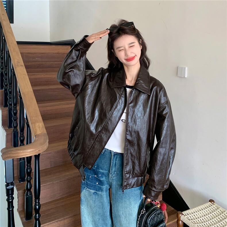 新款~~咖色短款皮衣外套W674P175K288,女装短外套,2C209