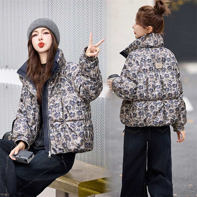 短款羽绒服女2024冬季新款小个子高端洋气设计感欧货碎花厚面包服,女装羽绒服,艾尚靓装