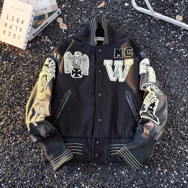 欧美复古高街头潮牌黑骷髅刺绣棒球服男女嘻哈夹克炸街情侣外套,男装夹克,星座218-8