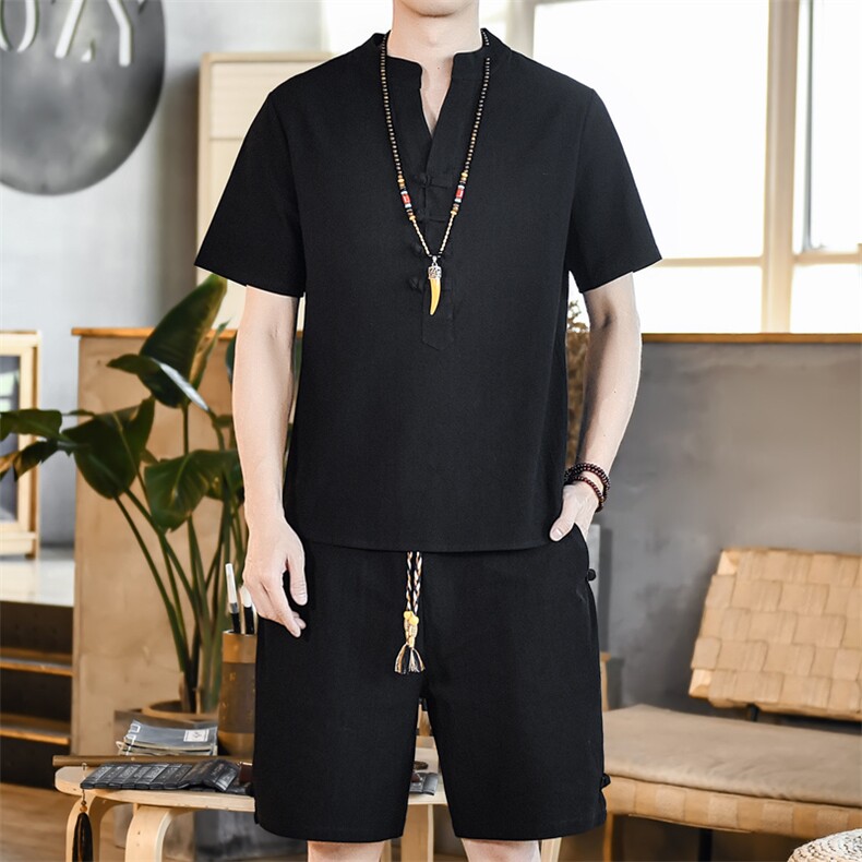夏季风男装盘口复古休闲运动套装V领棉麻A266-1-TZ6286-P60,男装休闲套装,电商A266-1