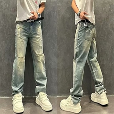 2025春夏季破坏水洗做旧磨烂蓝色破洞直筒男士宽松休闲百搭牛仔裤，男装牛仔裤，电商B212（原钱塘6029）