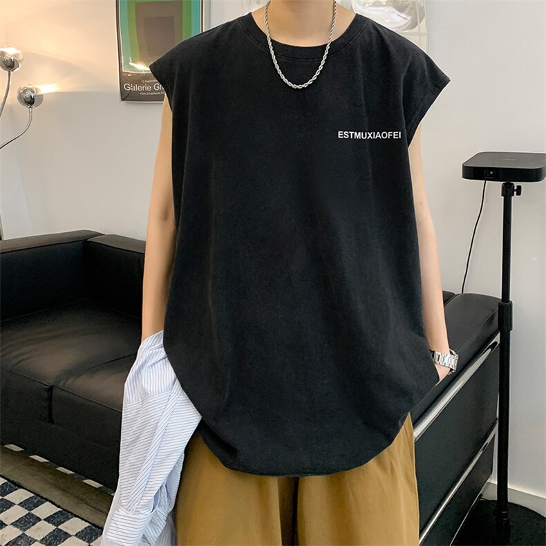抖音供货、230克现货水洗棉印花宽松版无袖背心D223A-SB2307-P35,男装背心/马甲,电商019-1