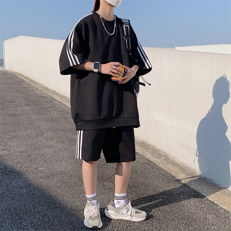 TZ83335/P65夏季新款短袖短裤t恤休闲宽松提花大码两件套套装男,男装T恤,电商A141
