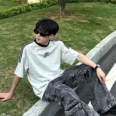 抖音得物供货240克宽松纯棉美式潮牌印花三杠半织带短袖T恤AT1611，男装T恤，电商A443