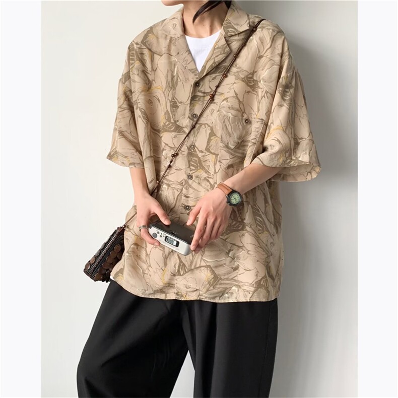 2024新款夏季潮牌度假碎花短袖衬衣宽松百搭衬衫男现货W8182-P25,男装衬衫,星座512-4