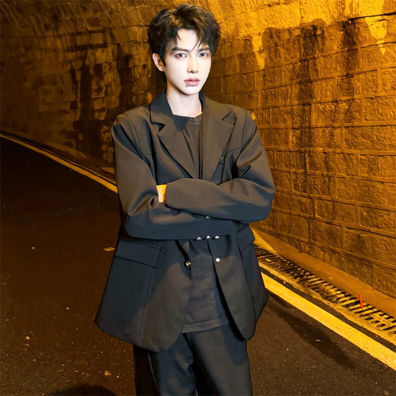 （）廓形拉链西装外套黑色垫肩西服2810-P105,男装西服,星座910-5