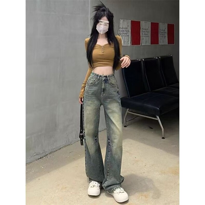 复古水洗做旧阔腿牛仔裤女秋冬季高腰宽松显瘦垂感休闲拖地直筒裤,男装牛仔裤,星座1210-1