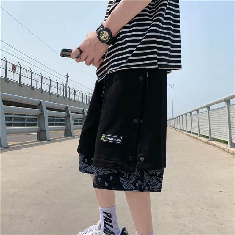 腰果花假两件排扣短裤男夏季潮牌高街宽松五分裤潮流中裤DK02-P28图片