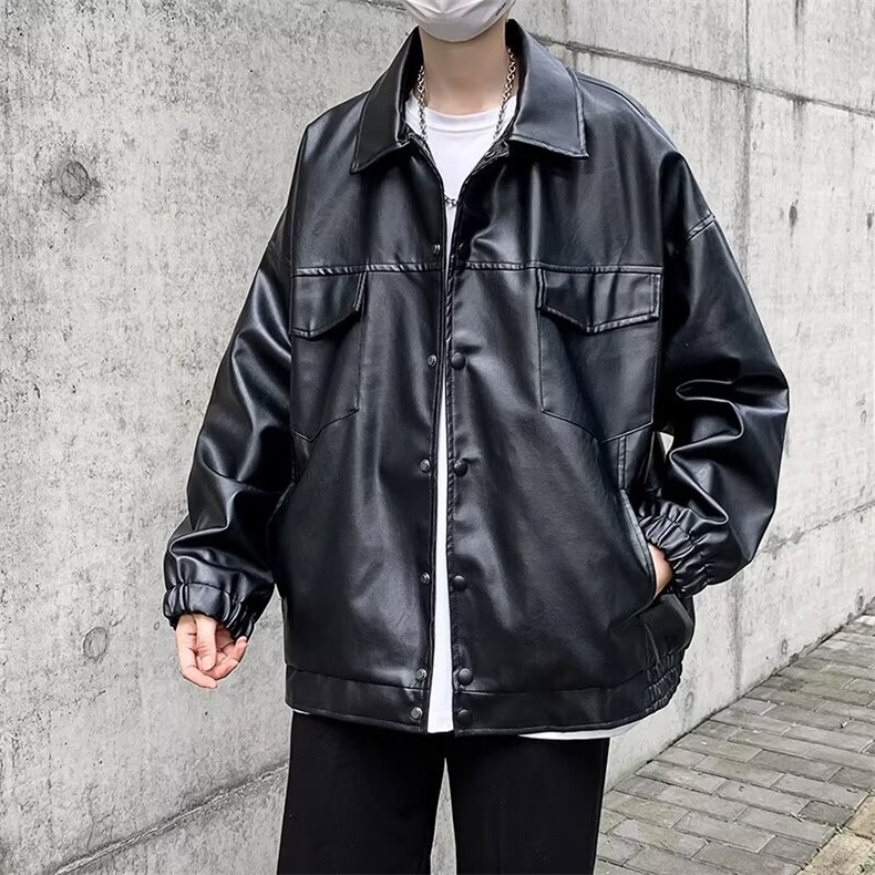 秋季小众高级感立领机车皮衣男宽松炸街垫肩夹克外套潮PU905/P78图片