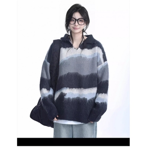美式撞色条纹毛衣男女秋冬新款慵懒风彷貂polo领针织衫MZ931-P56图片